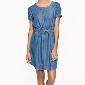 J Crew Dress in Blue Tencel Rinse, Zipper Back, Cinched Waist, Side Pockets.
